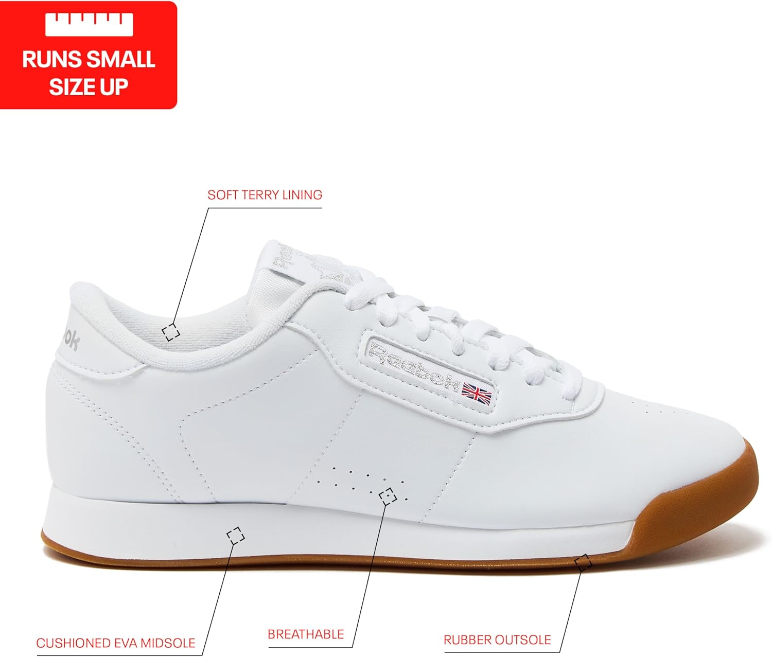 White Reebok Princess sneaker with cushioned sole, minimal design for athleisure wear — view 2