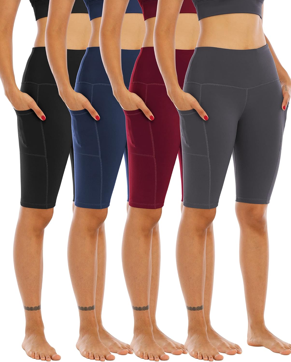 High-waisted biker yoga shorts in {color} with squat-proof four-way stretch fabric and tummy control — front