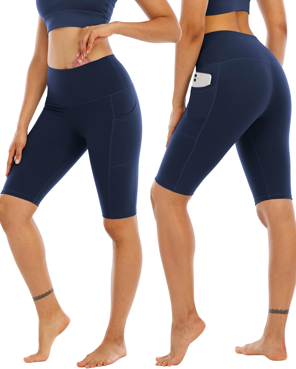High-waisted biker yoga shorts in {color} with squat-proof four-way stretch fabric and tummy control — side