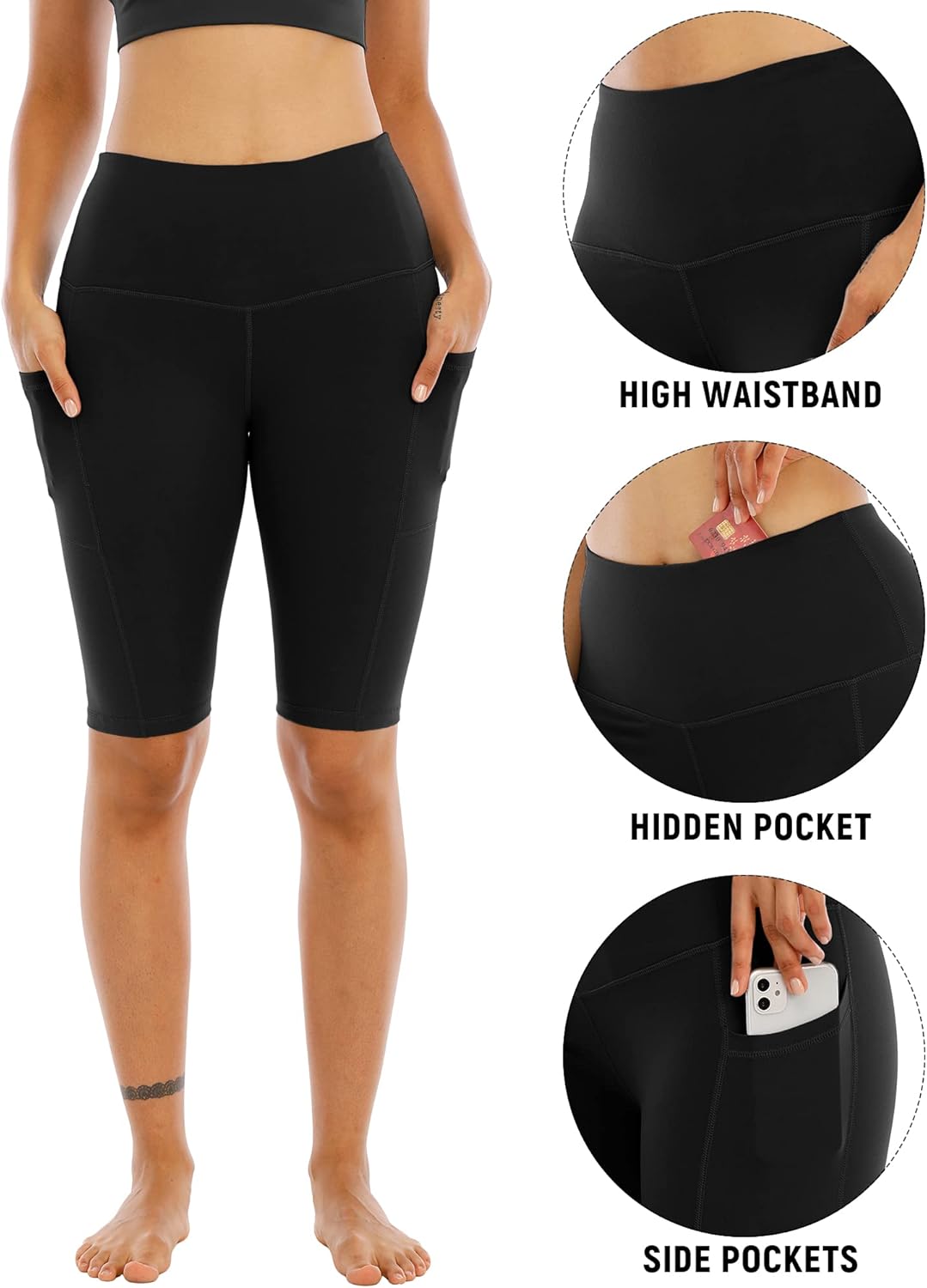 High-waisted biker yoga shorts in {color} with squat-proof four-way stretch fabric and tummy control — back
