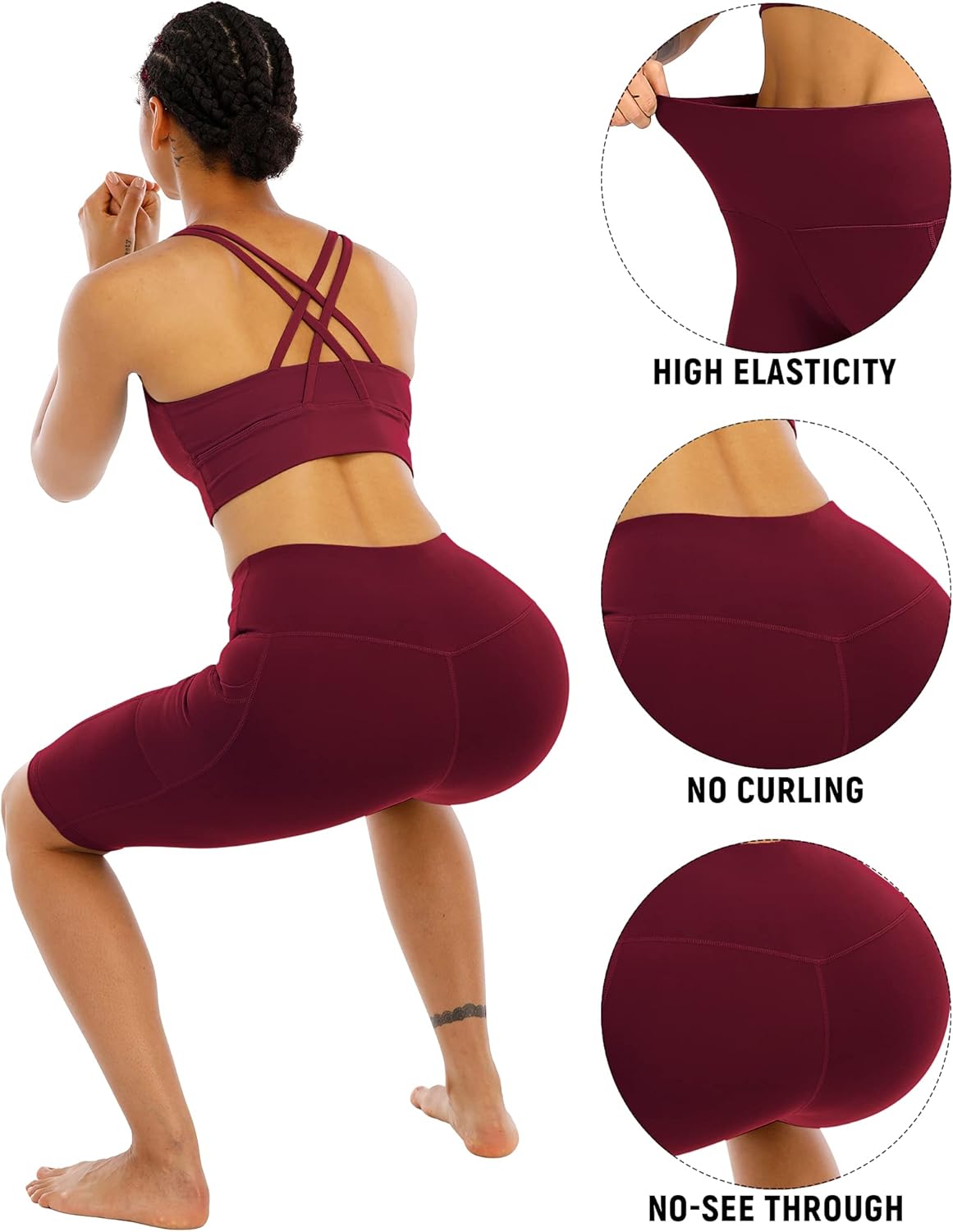 High-waisted biker yoga shorts in {color} with squat-proof four-way stretch fabric and tummy control — detail
