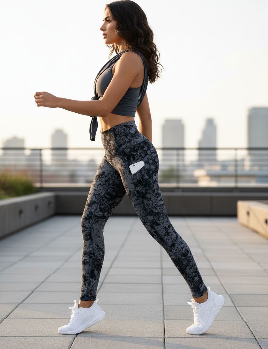Black high-waisted yoga leggings with squat-proof compression fabric and side pockets — view 3