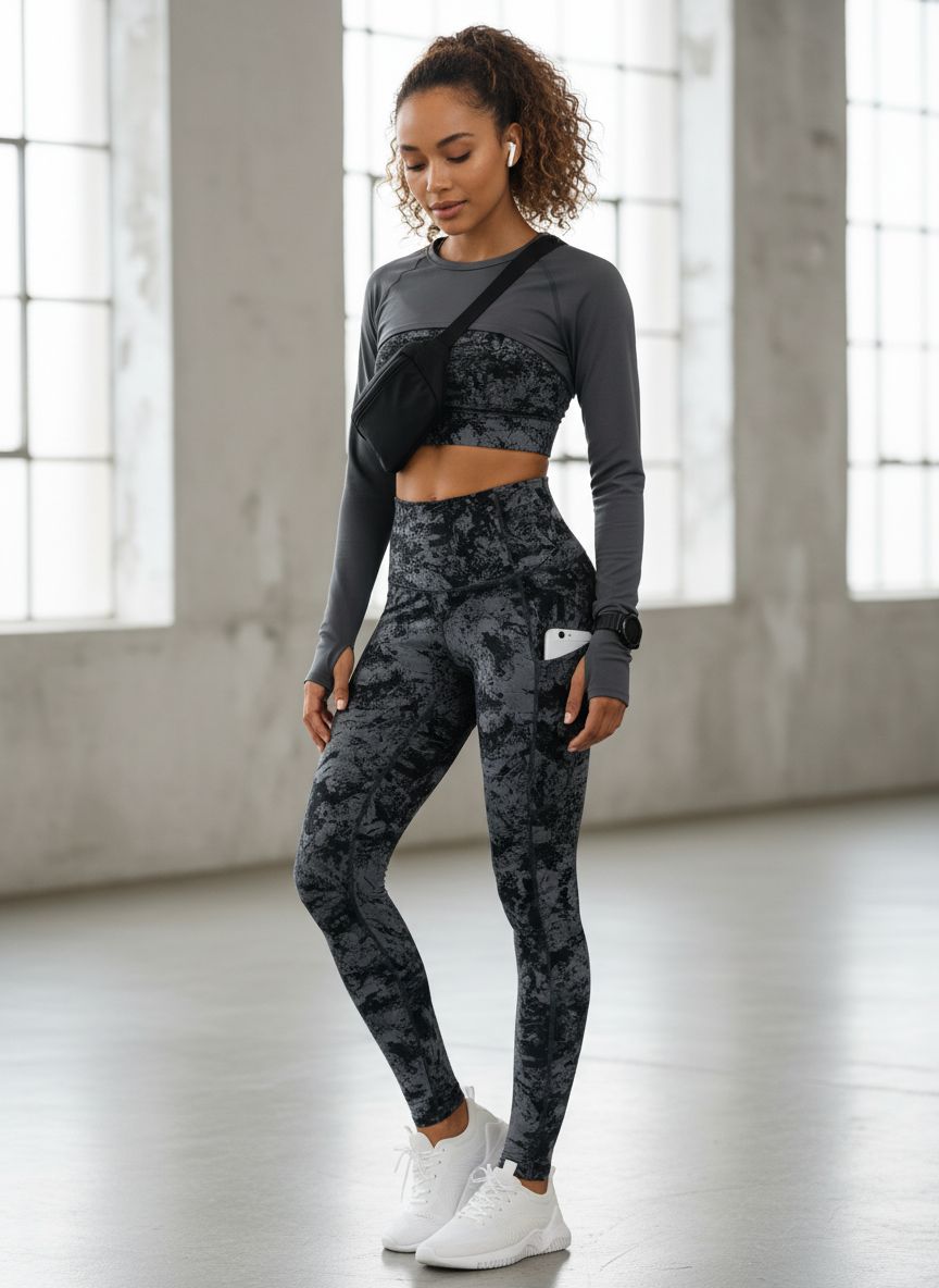 Black high-waisted yoga leggings with squat-proof compression fabric and side pockets — view 5a