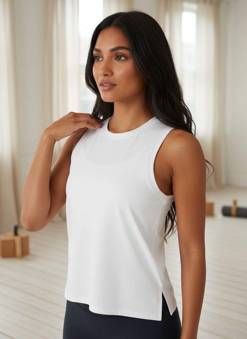 Ice silk crop workout tank top in {color} with cool-dry moisture-wicking fabric, relaxed fit sleeveless design โ view 2
