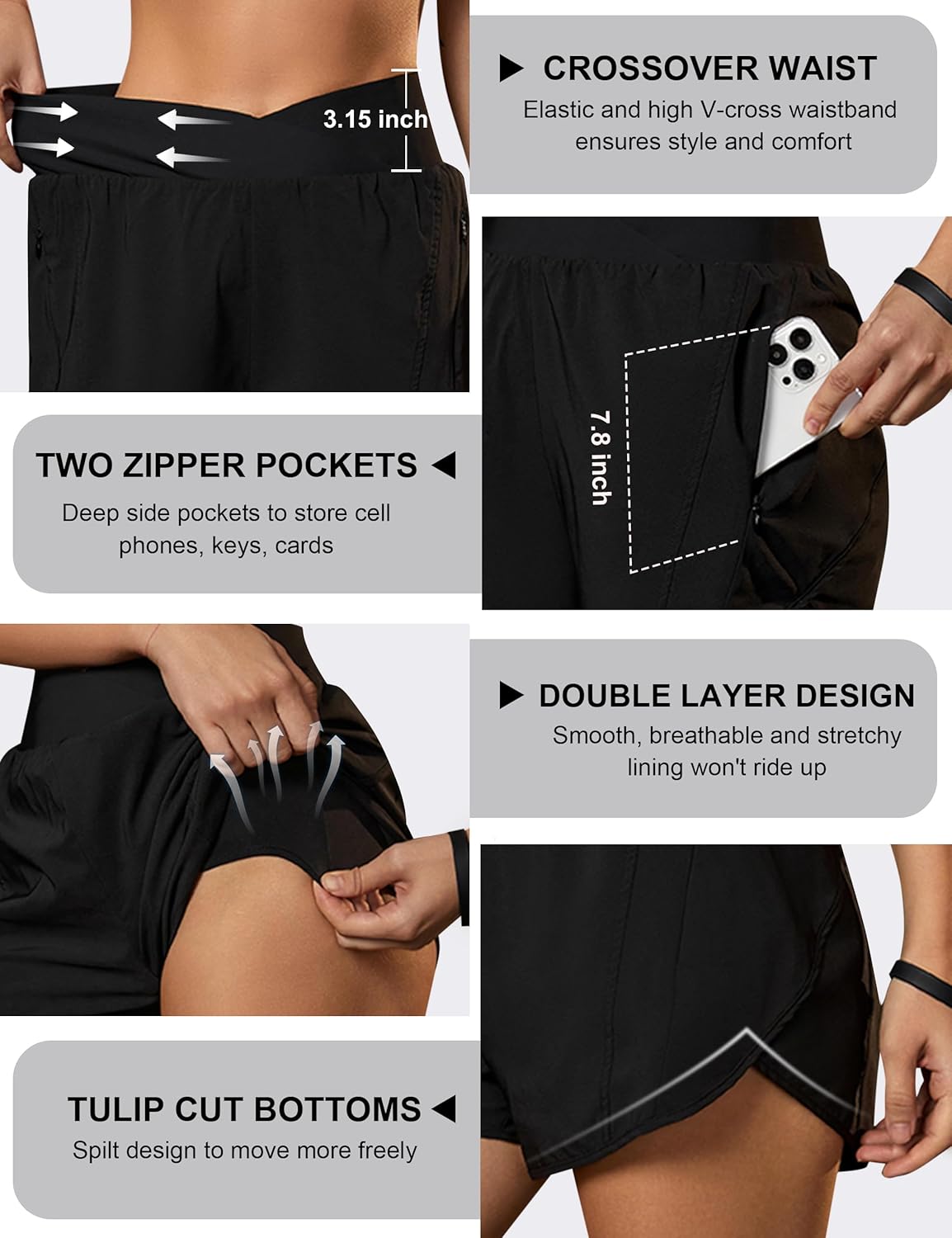 Black crossover high-waisted running shorts with zippered pockets and four-way stretch fabric โ view 2