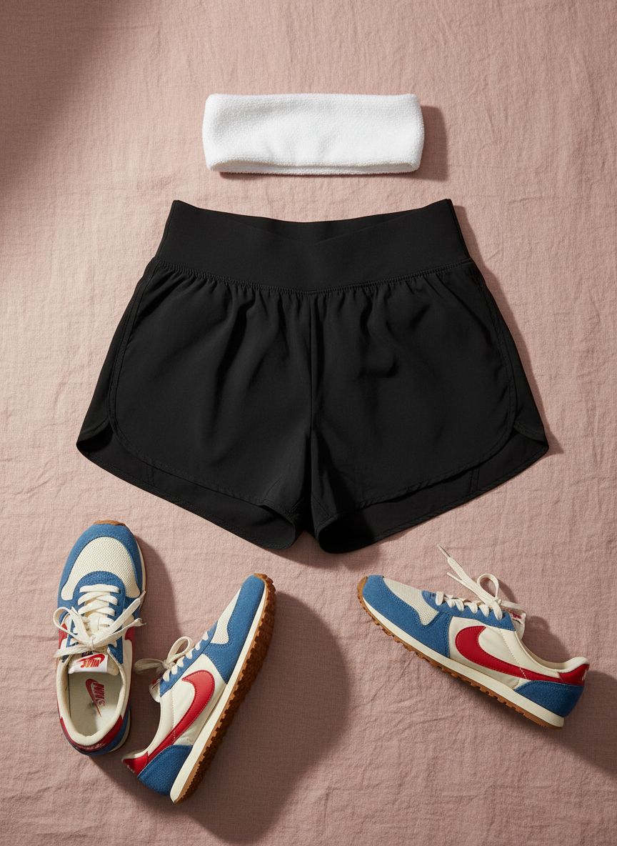 Black crossover high-waisted running shorts with zippered pockets and four-way stretch fabric — view 7a
