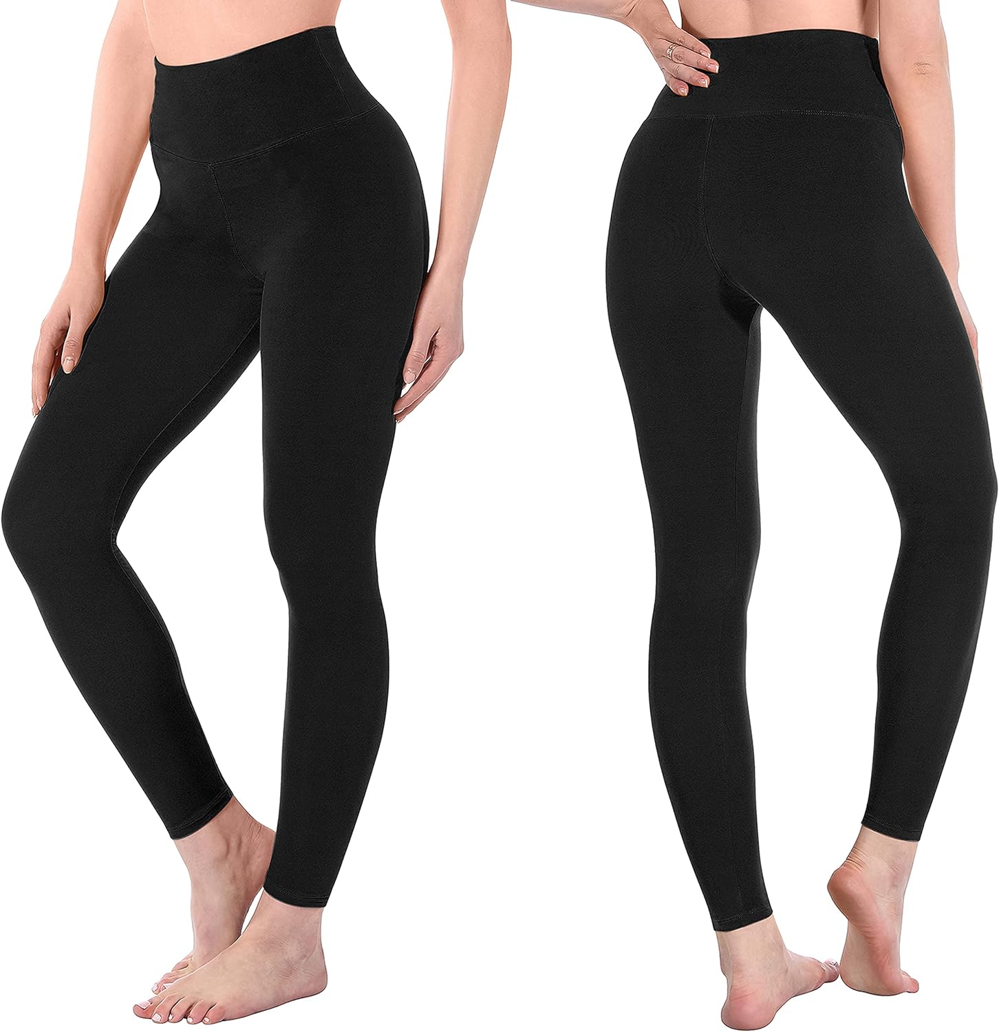 Black high-waisted yoga leggings with four-way stretch fabric, full length, on model in studio setting — view 2