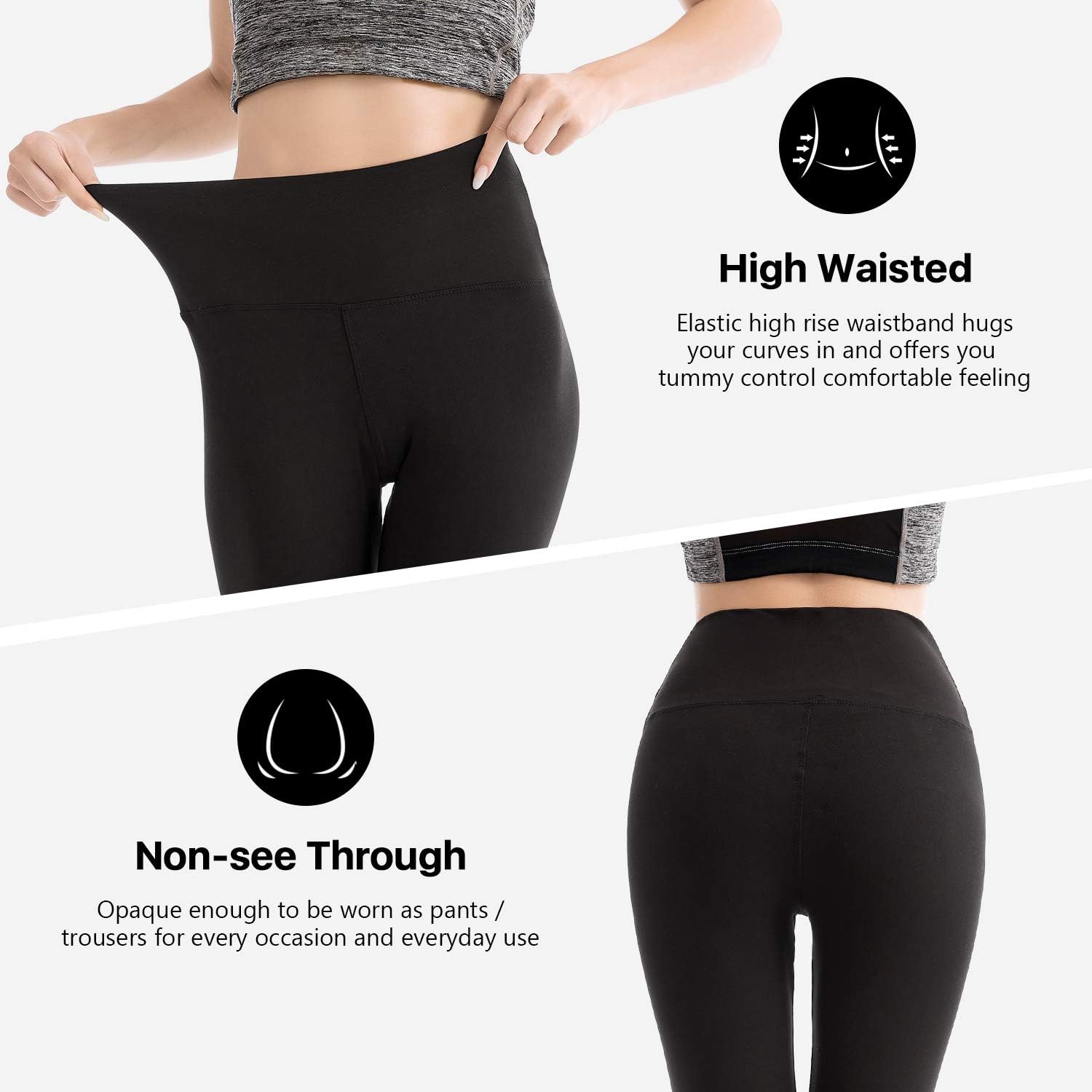 Black high-waisted yoga leggings with four-way stretch fabric, full length, on model in studio setting — view 3
