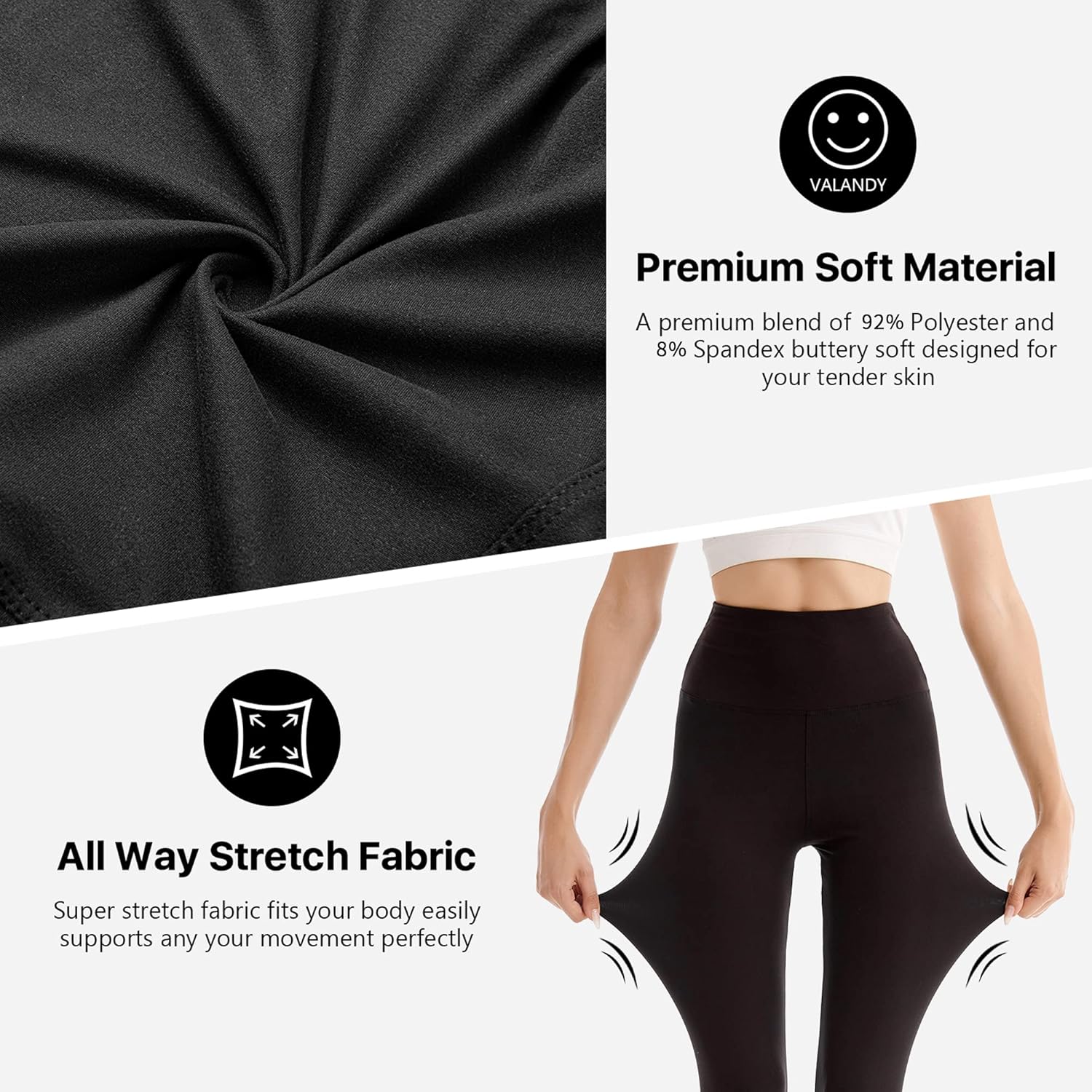 Black high-waisted yoga leggings with four-way stretch fabric, full length, on model in studio setting — view 4