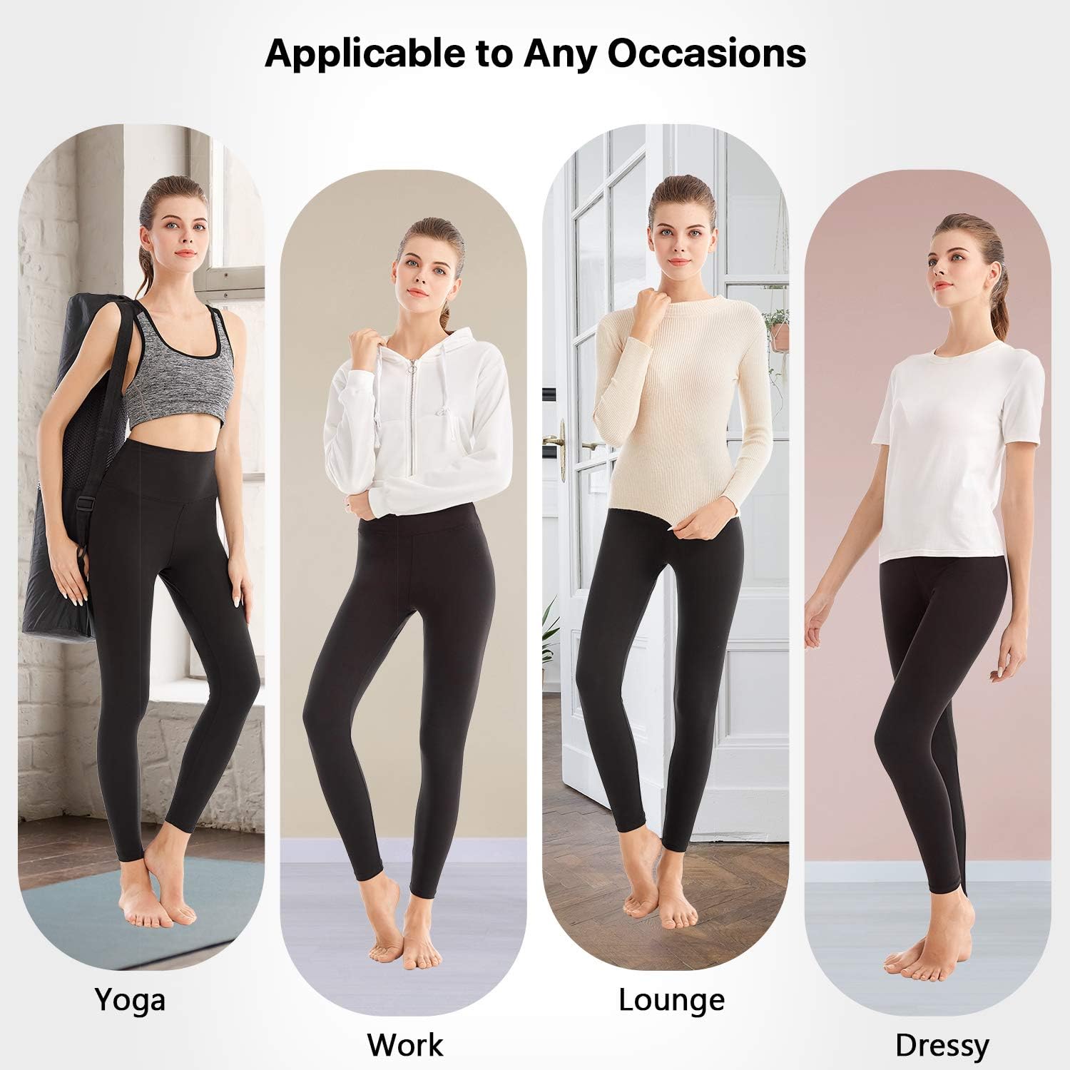 Black high-waisted yoga leggings with four-way stretch fabric, full length, on model in studio setting — view 2