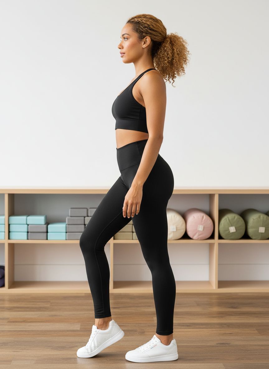 Black high-waisted yoga leggings with four-way stretch fabric, full length, on model in studio setting — view 3