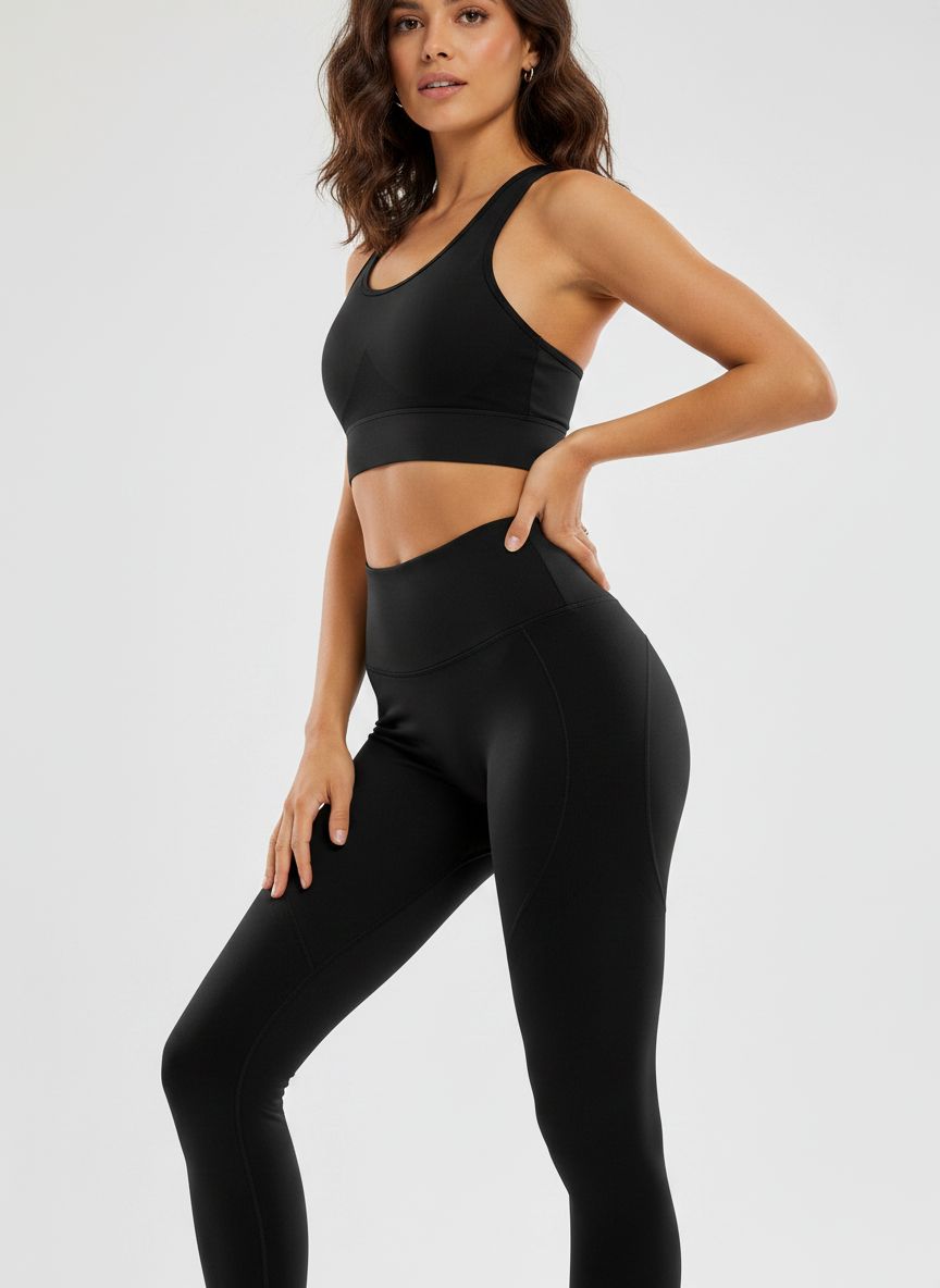 Black high-waisted yoga leggings with four-way stretch fabric, full length, on model in studio setting — view 4