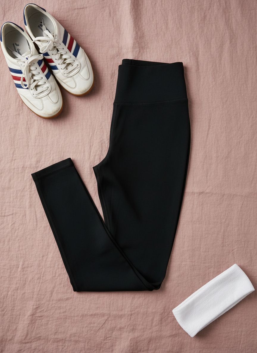 Black high-waisted yoga leggings with four-way stretch fabric, full length, on model in studio setting — view 7a
