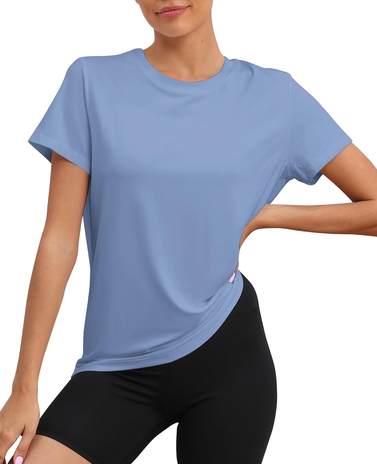 Women's UPF50+ breathable running tee in {color} with relaxed fit, shown front and back — front