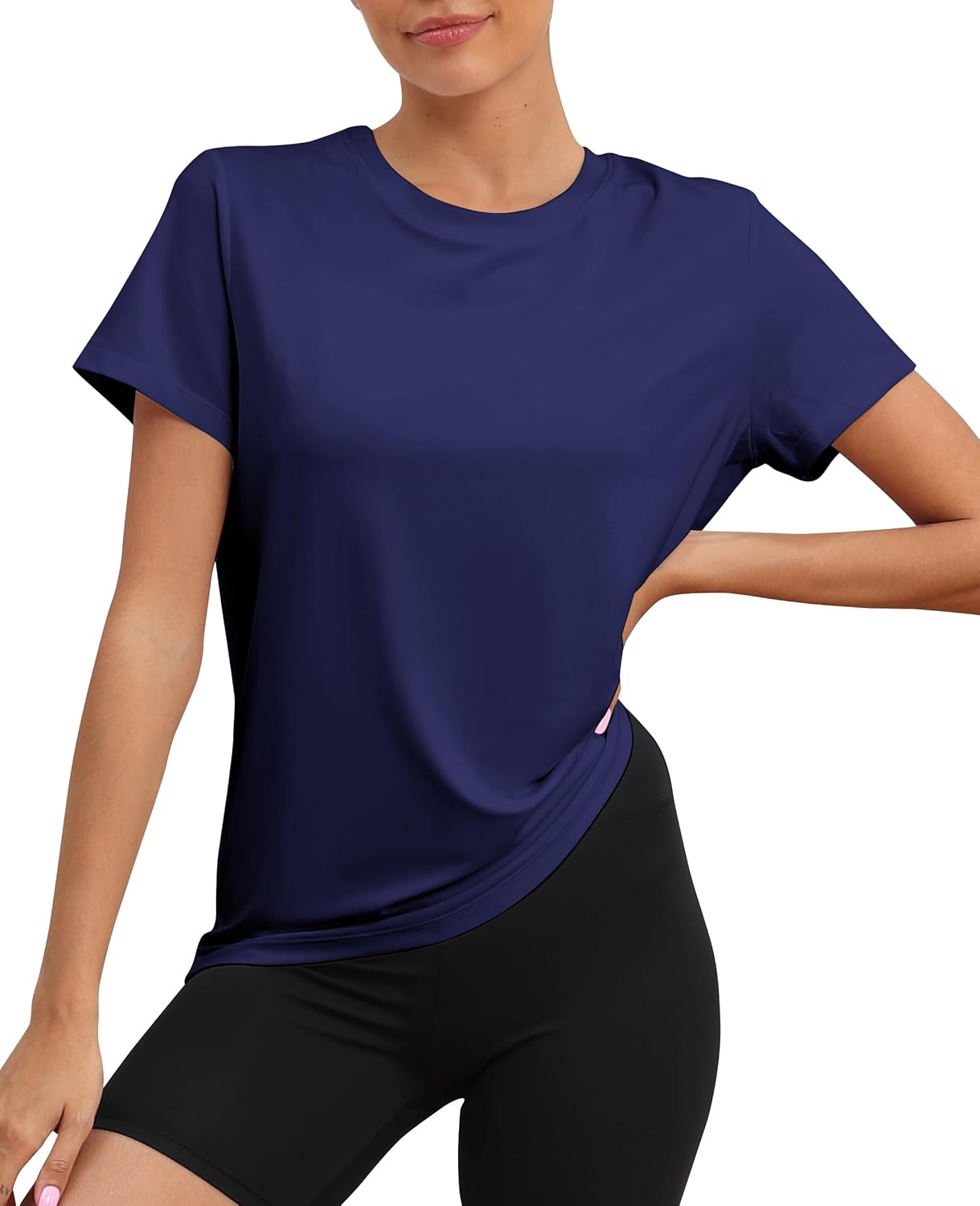 Women's UPF50+ breathable running tee in {color} with relaxed fit, shown front and back — view 3