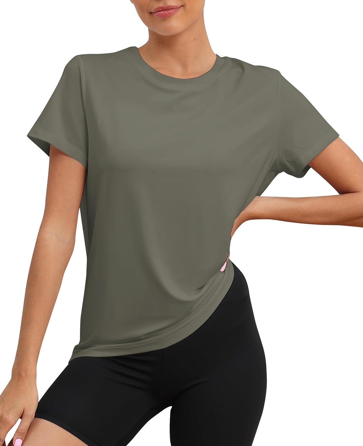 Women's UPF50+ breathable running tee in {color} with relaxed fit, shown front and back — view 5
