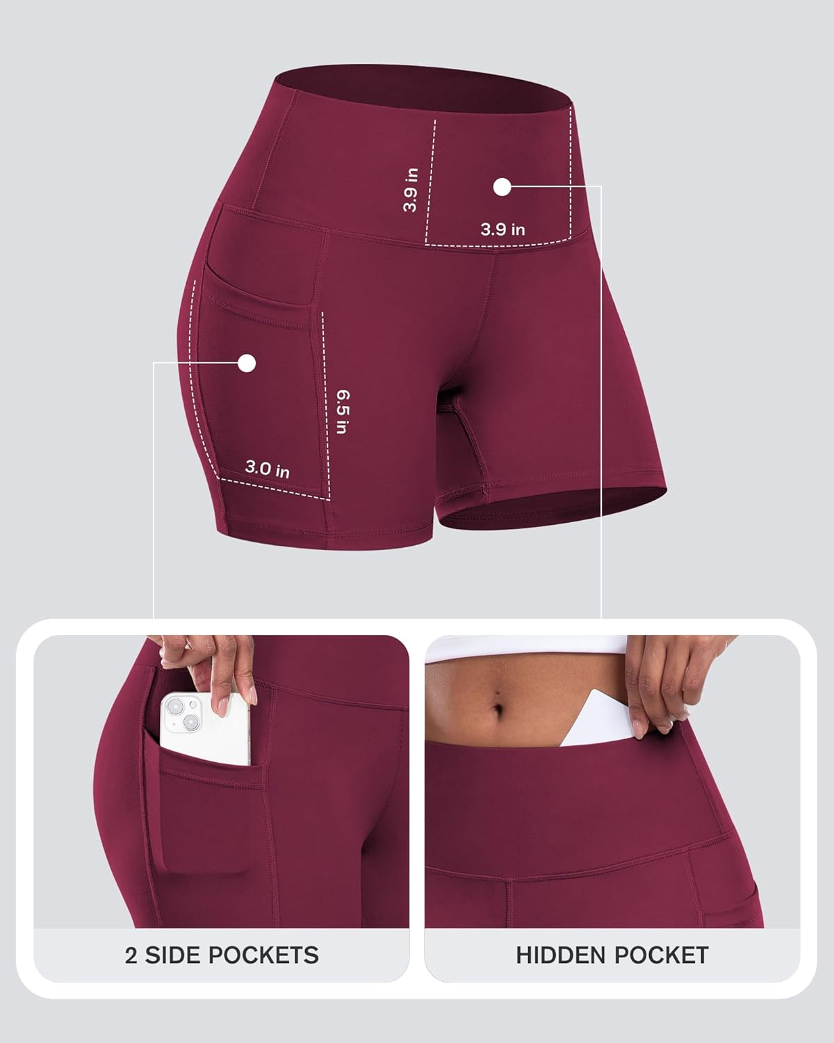 High-waisted biker yoga shorts in {color} with side pockets and squat-proof compression fabric — view 3