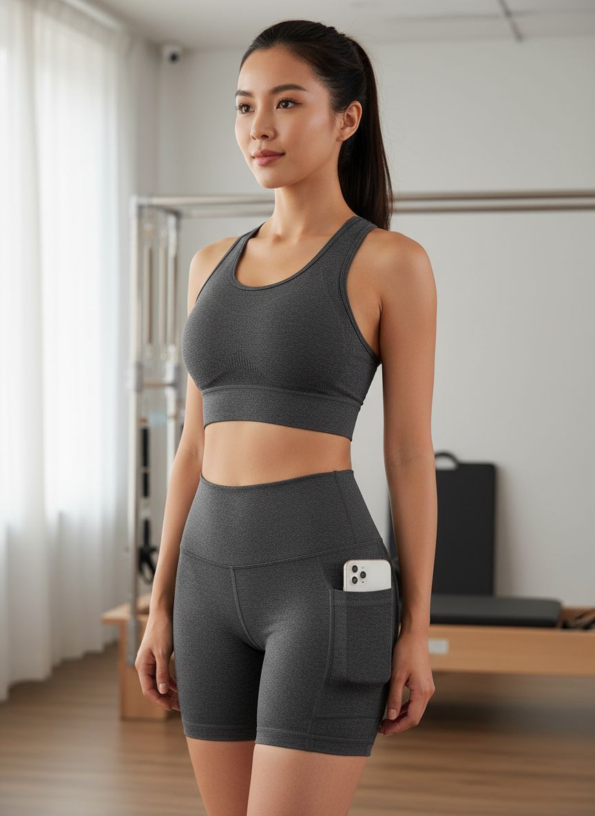 High-waisted biker yoga shorts in {color} with side pockets and squat-proof compression fabric — view 4