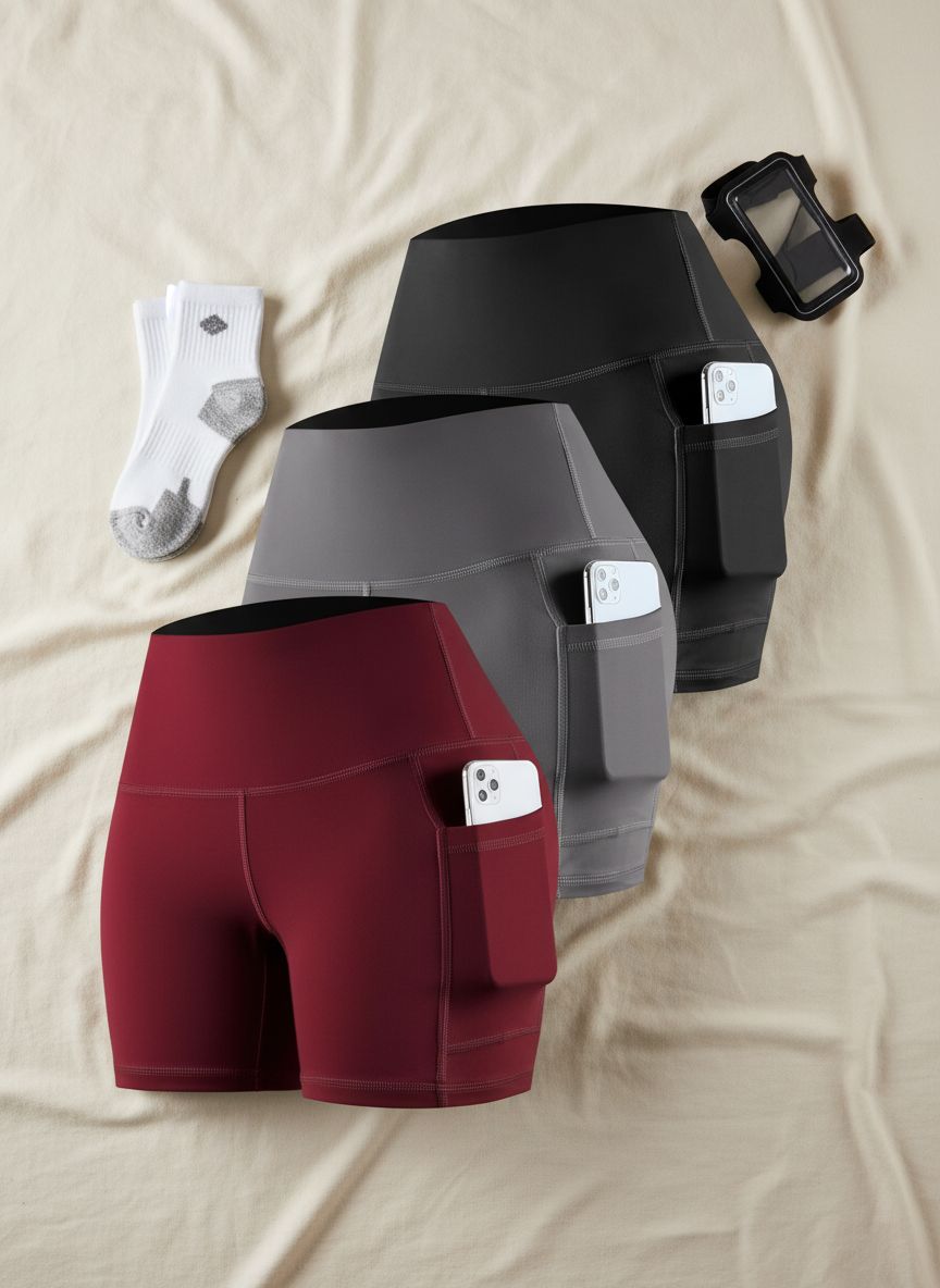 High-waisted biker yoga shorts in {color} with side pockets and squat-proof compression fabric — view 7a