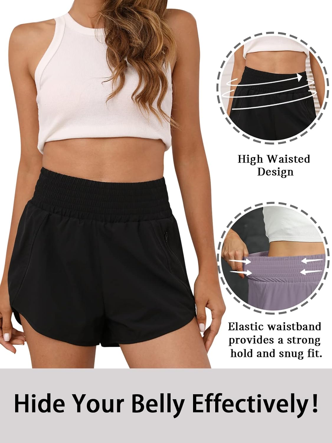 High-waisted black running shorts with side pockets and four-way stretch fabric — view 4