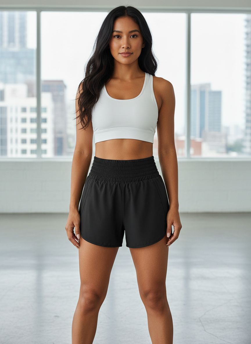 High-waisted black running shorts with side pockets and four-way stretch fabric โ view 1