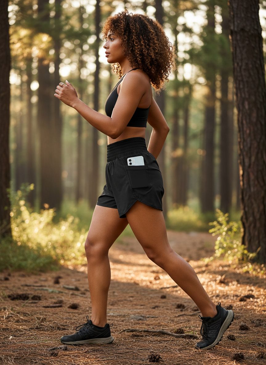 High-waisted black running shorts with side pockets and four-way stretch fabric โ view 3
