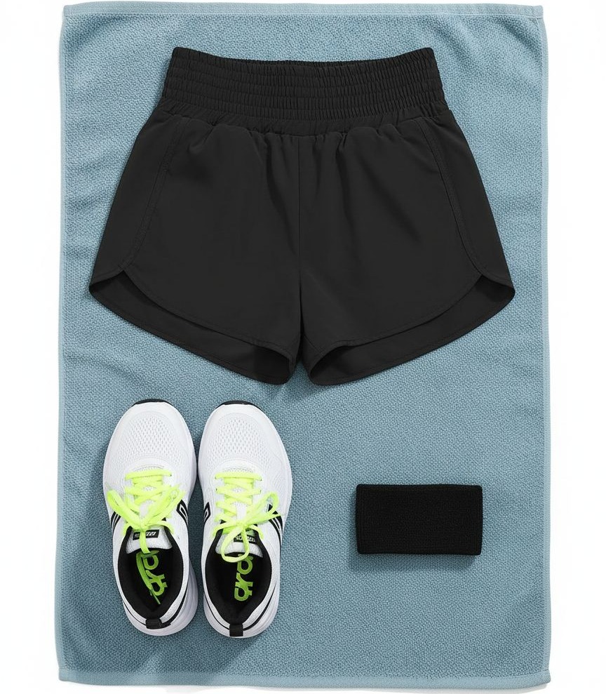 High-waisted black running shorts with side pockets and four-way stretch fabric โ view 7a