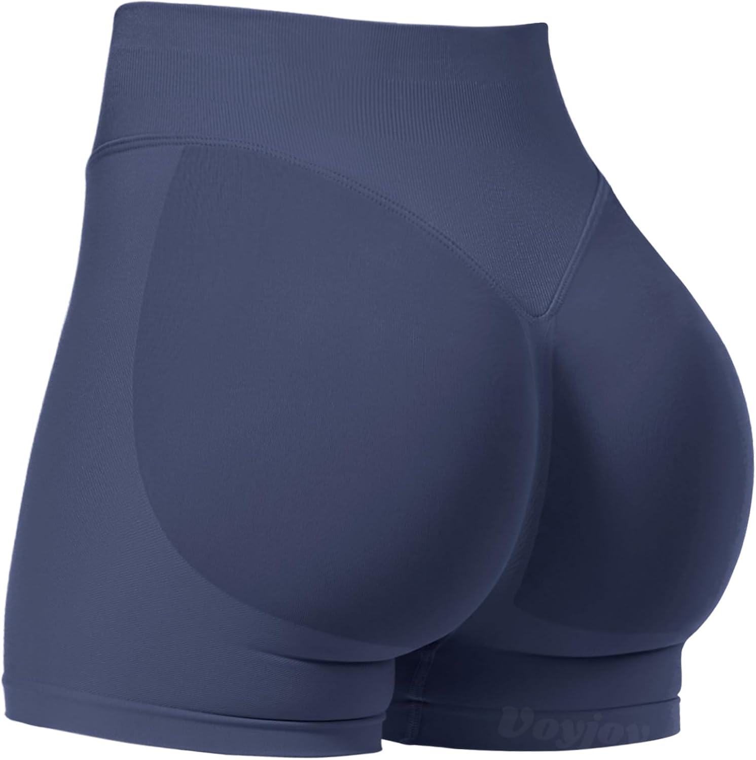 Black seamless scrunch butt lifting shorts with four-way stretch, shown from front and back angles โ view 3