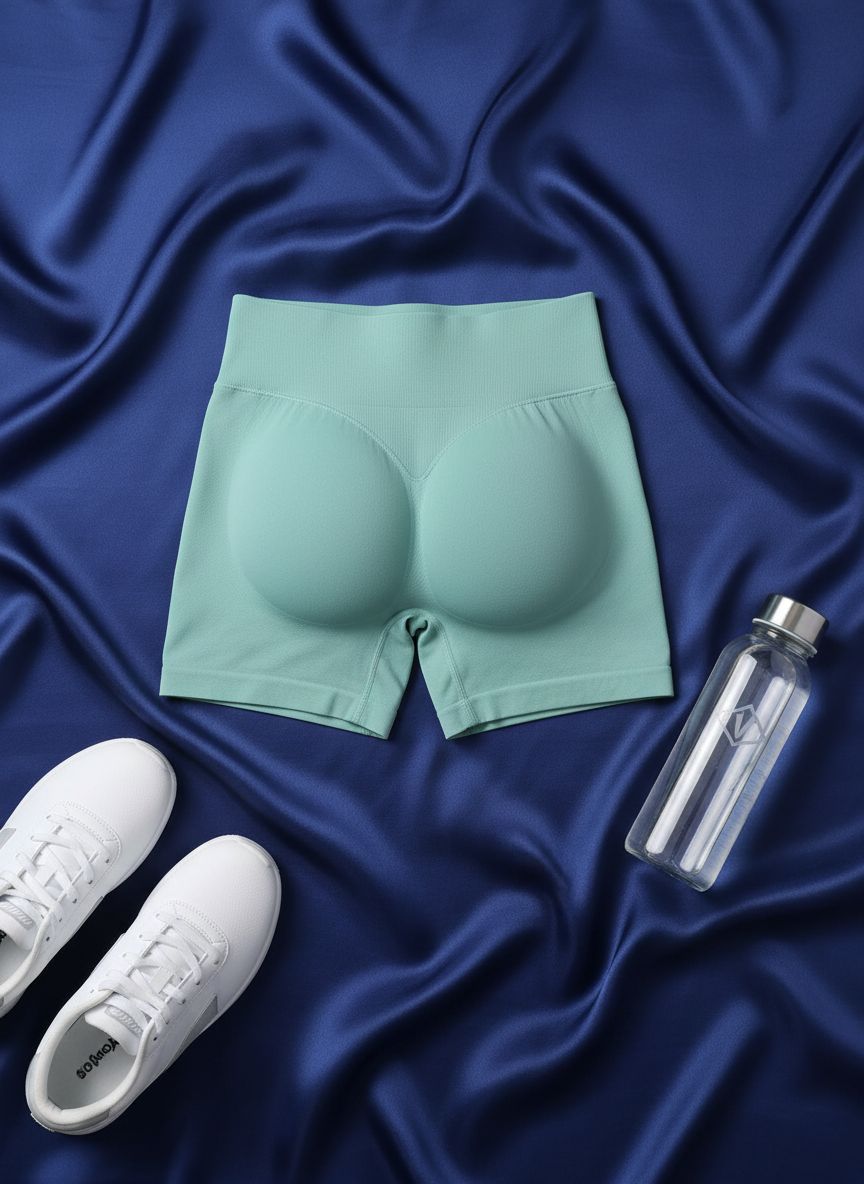 Black seamless scrunch butt lifting shorts with four-way stretch, shown from front and back angles โ view 7a