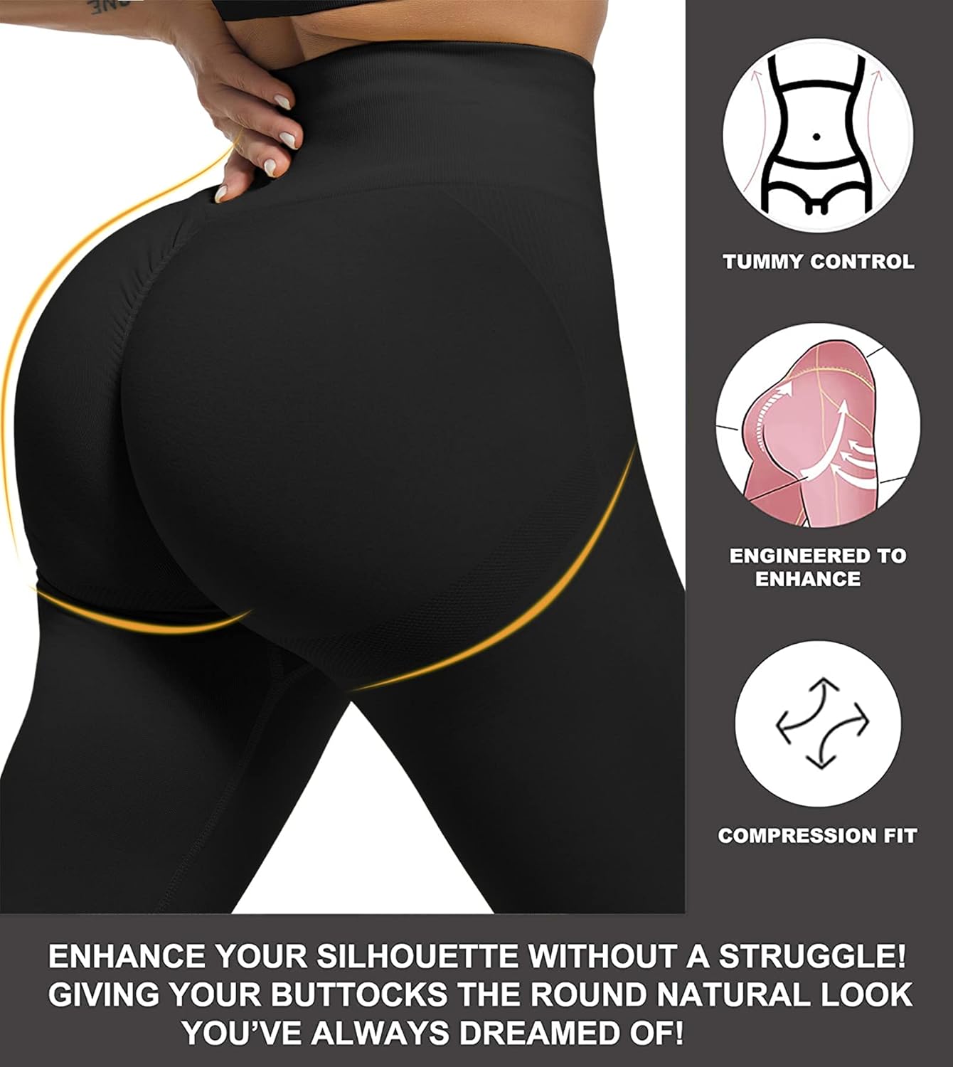 Black seamless lifting leggings with scrunch butt design and high-waisted fit — view 4
