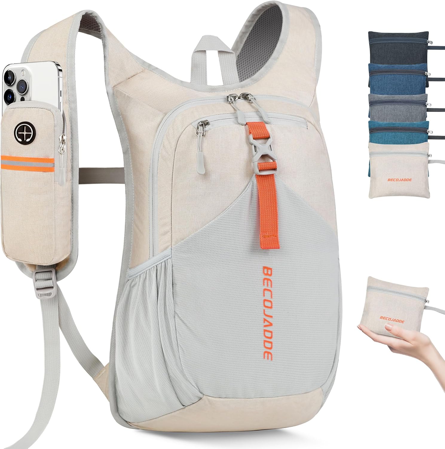 Beige ultralight foldable hiking backpack with compact design, shown folded and unfolded — front