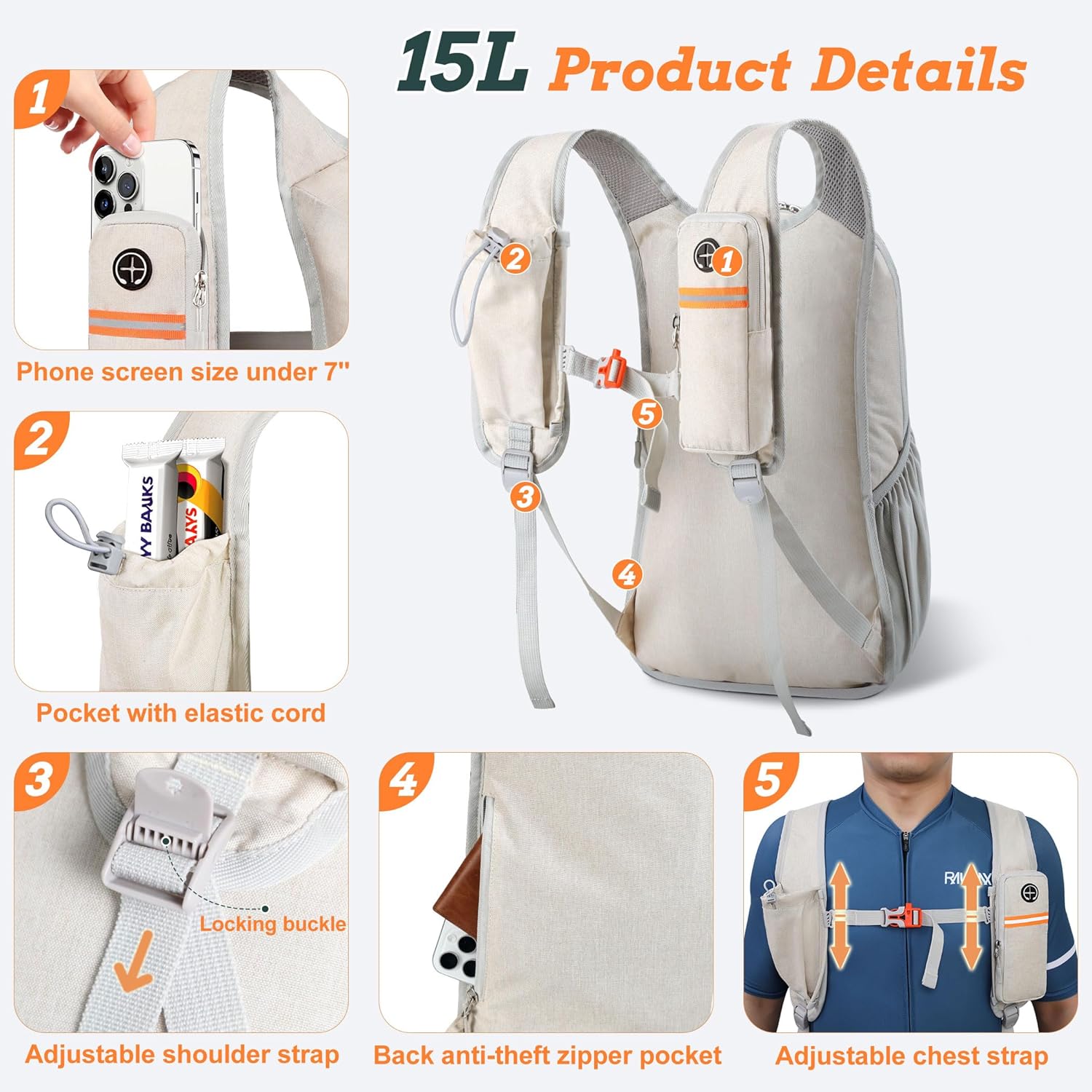 Beige ultralight foldable hiking backpack with compact design, shown folded and unfolded — side