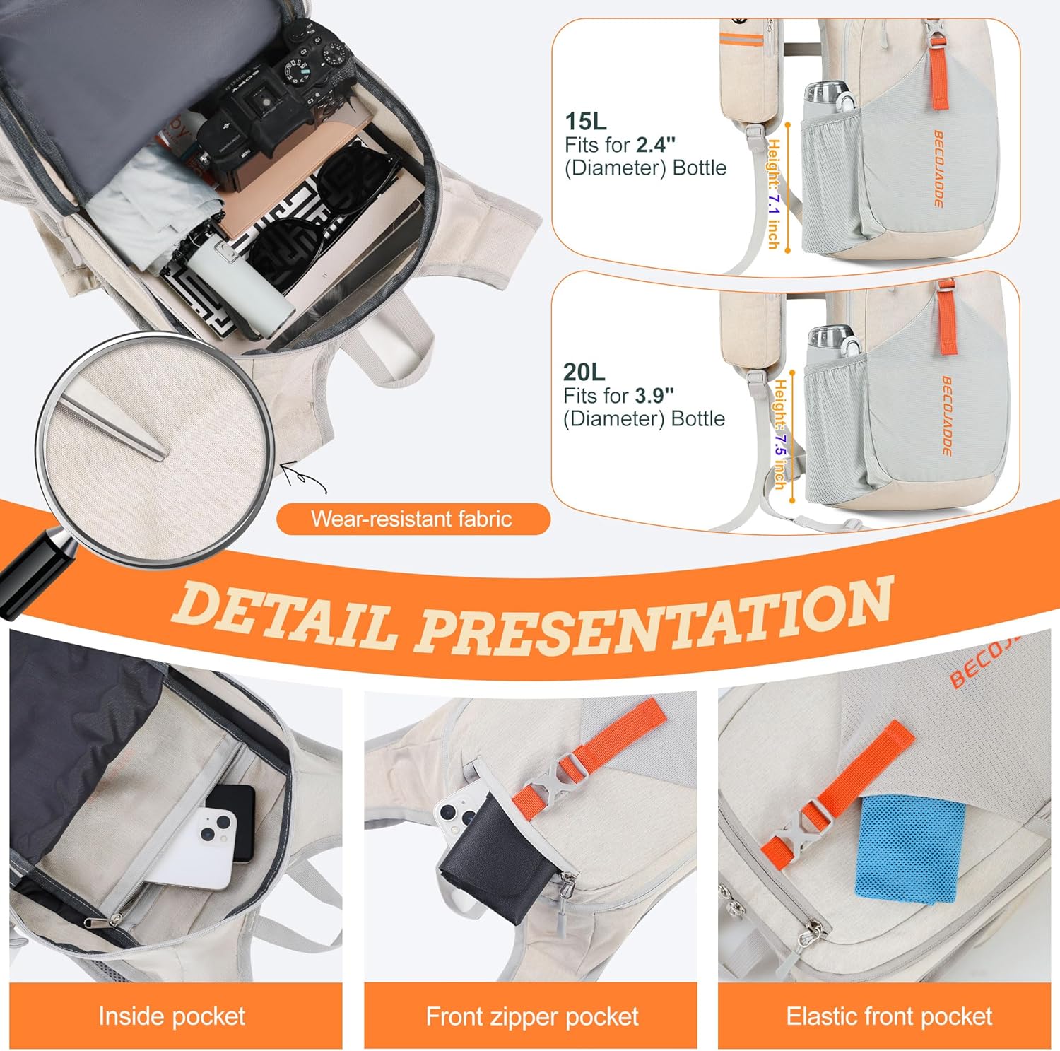 Beige ultralight foldable hiking backpack with compact design, shown folded and unfolded — back