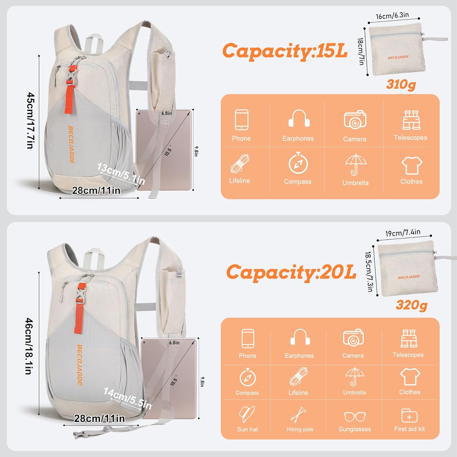 Beige ultralight foldable hiking backpack with compact design, shown folded and unfolded — detail