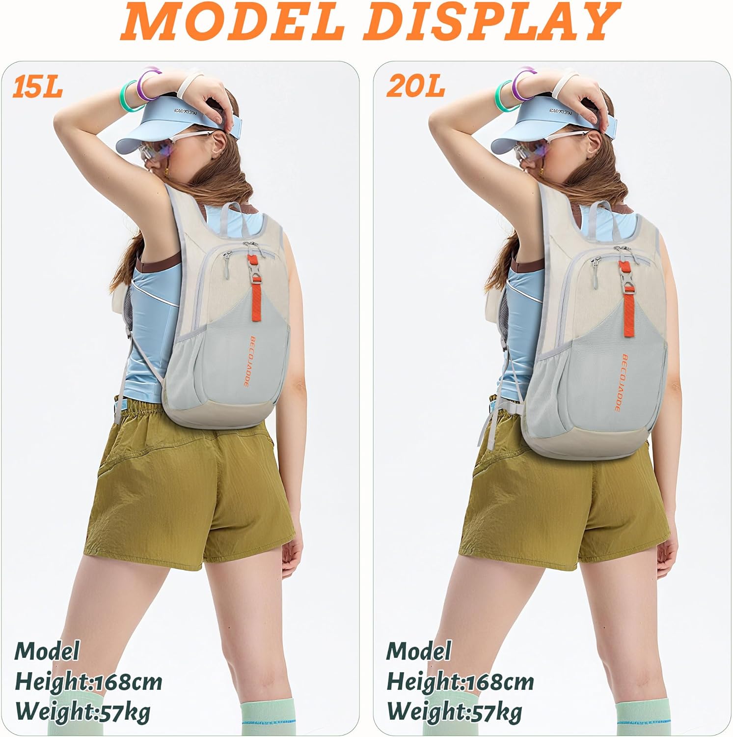 Beige ultralight foldable hiking backpack with compact design, shown folded and unfolded โ view 2