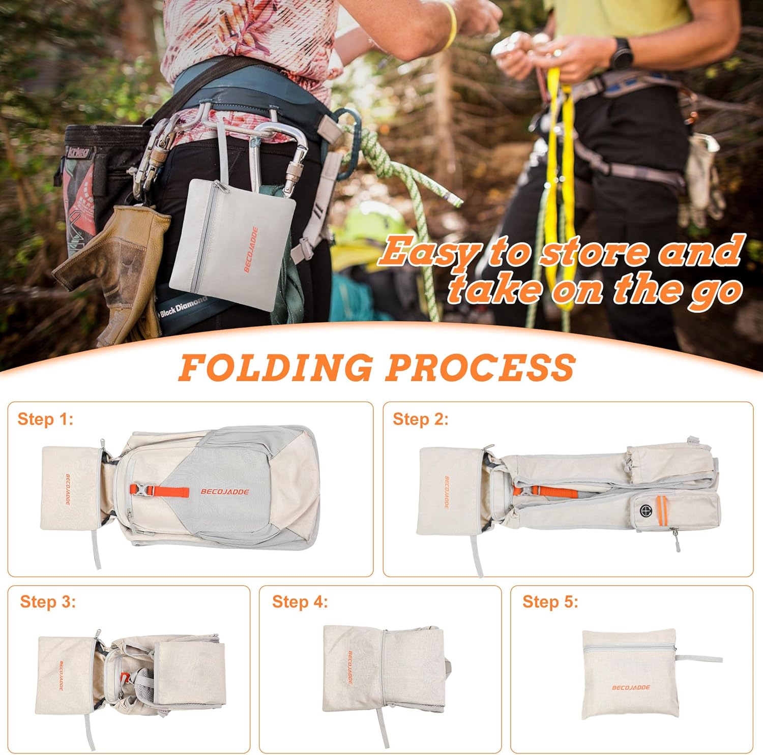 Beige ultralight foldable hiking backpack with compact design, shown folded and unfolded โ view 3