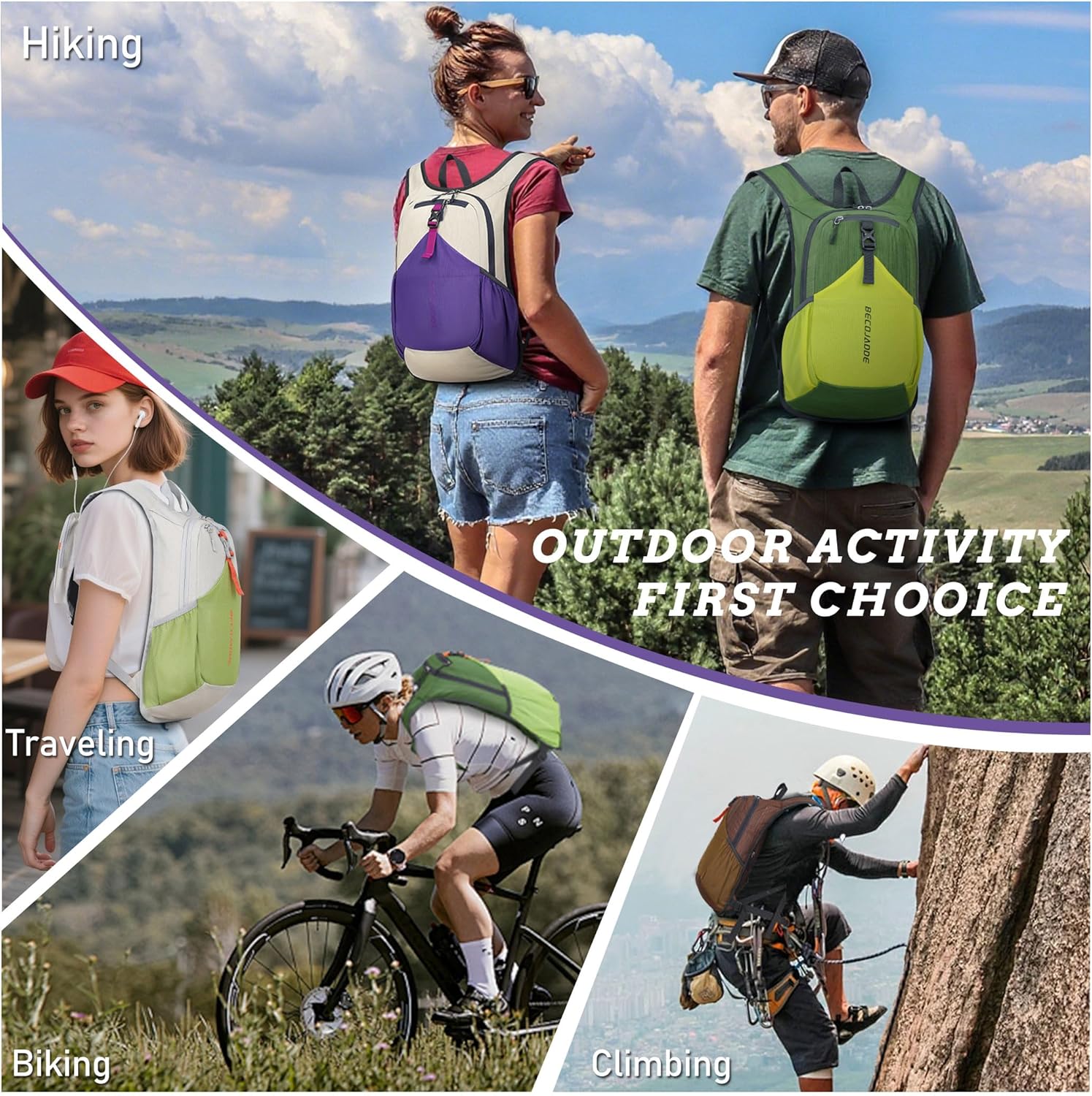 Beige ultralight foldable hiking backpack with compact design, shown folded and unfolded โ view 4