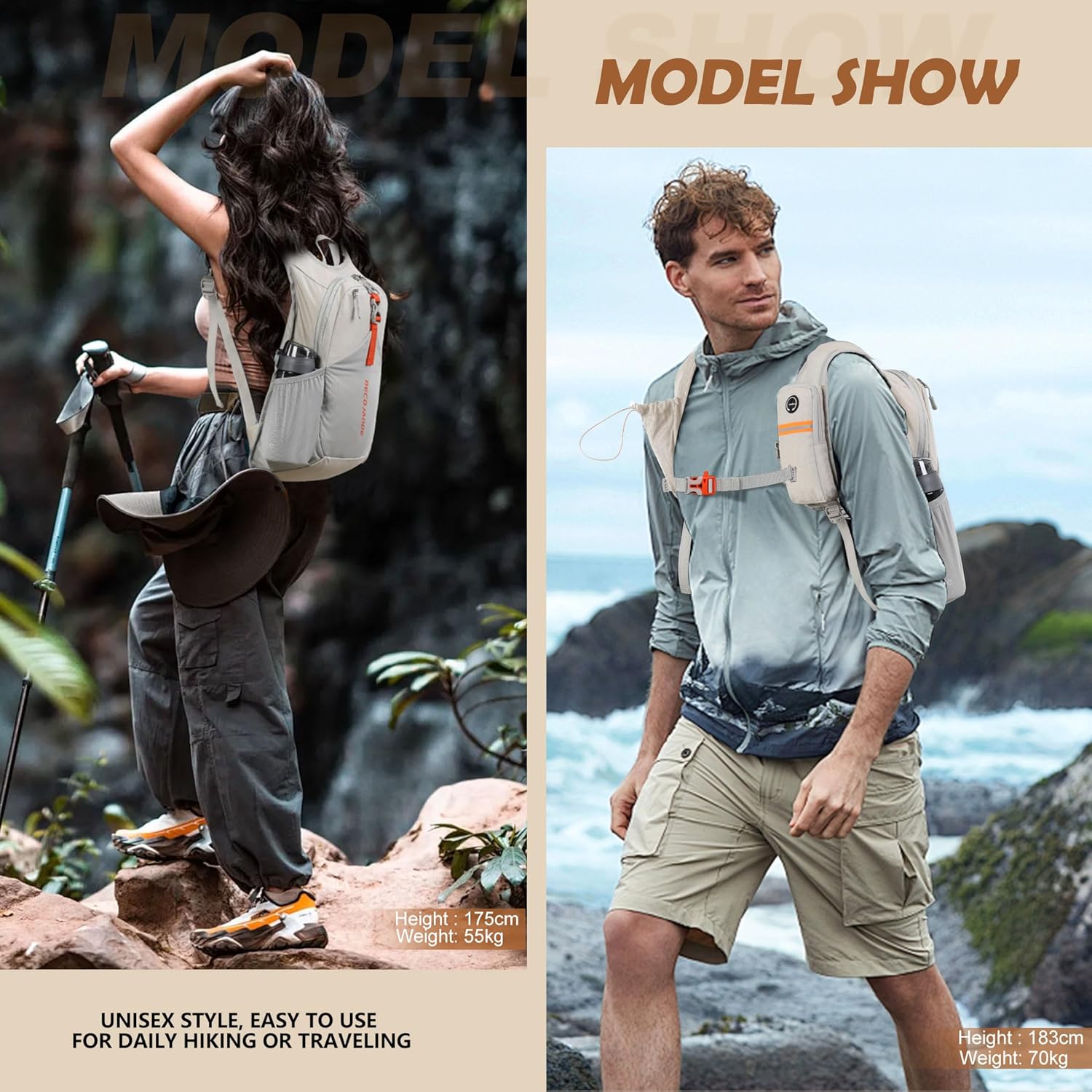 Beige ultralight foldable hiking backpack with compact design, shown folded and unfolded โ view 5