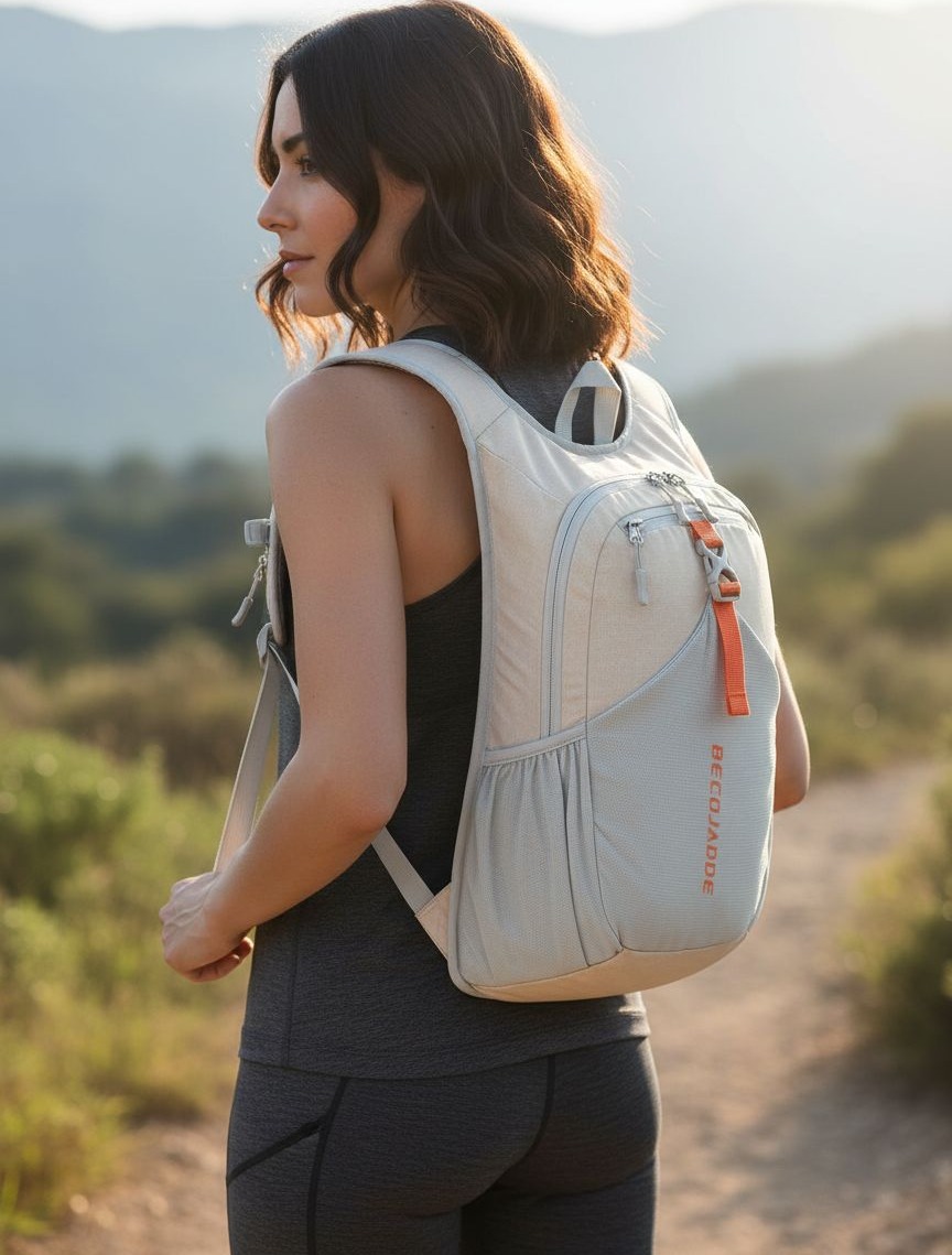 Beige ultralight foldable hiking backpack with compact design, shown folded and unfolded — view 4