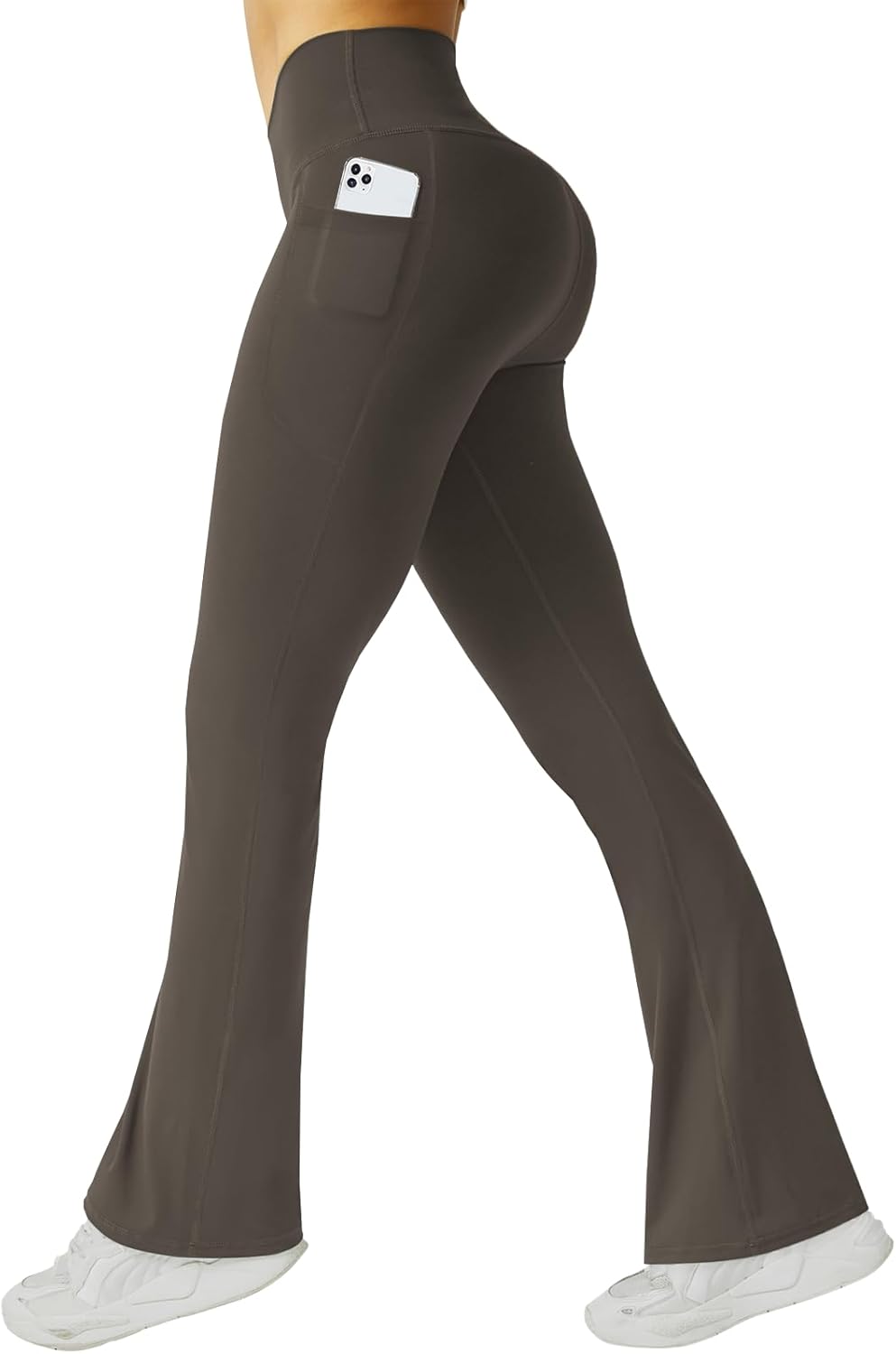 Black high-waisted flare yoga pants with pockets and tummy control — view 3