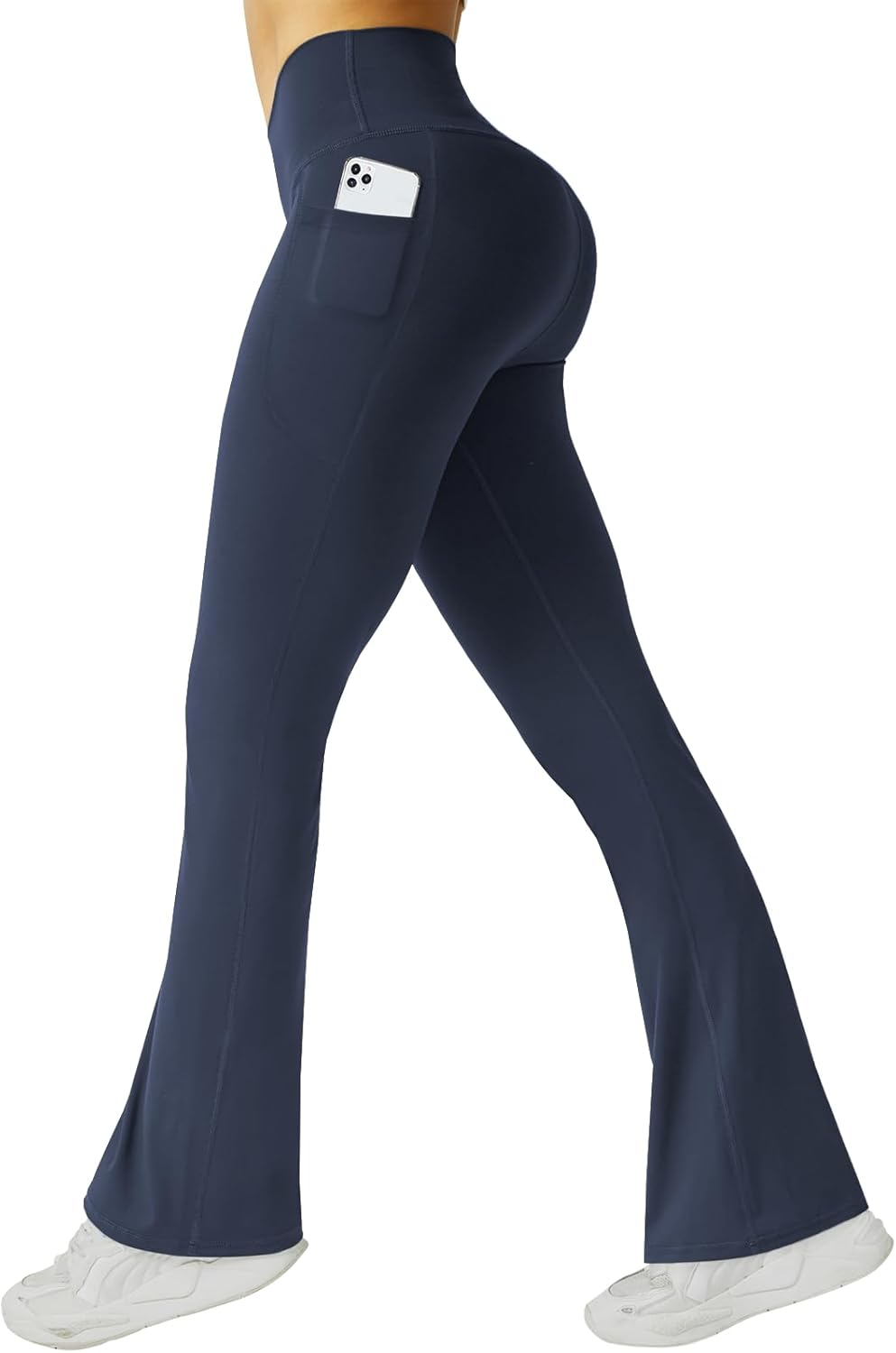 Black high-waisted flare yoga pants with pockets and tummy control — view 4
