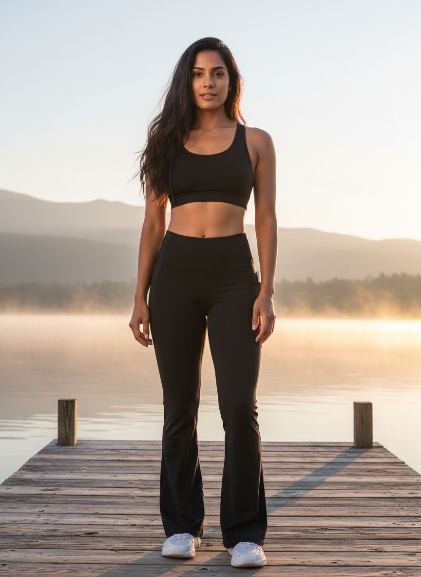 Black high-waisted flare yoga pants with pockets and tummy control — view 1