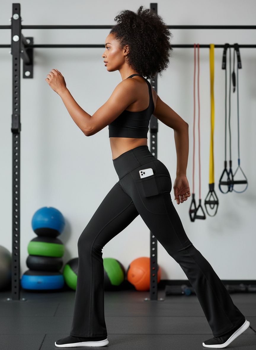 Black high-waisted flare yoga pants with pockets and tummy control — view 3