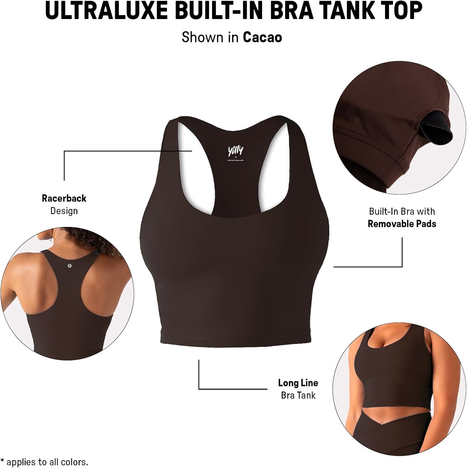 Black racerback sports bra tank with removable cups and low-impact support, front view โ view 3