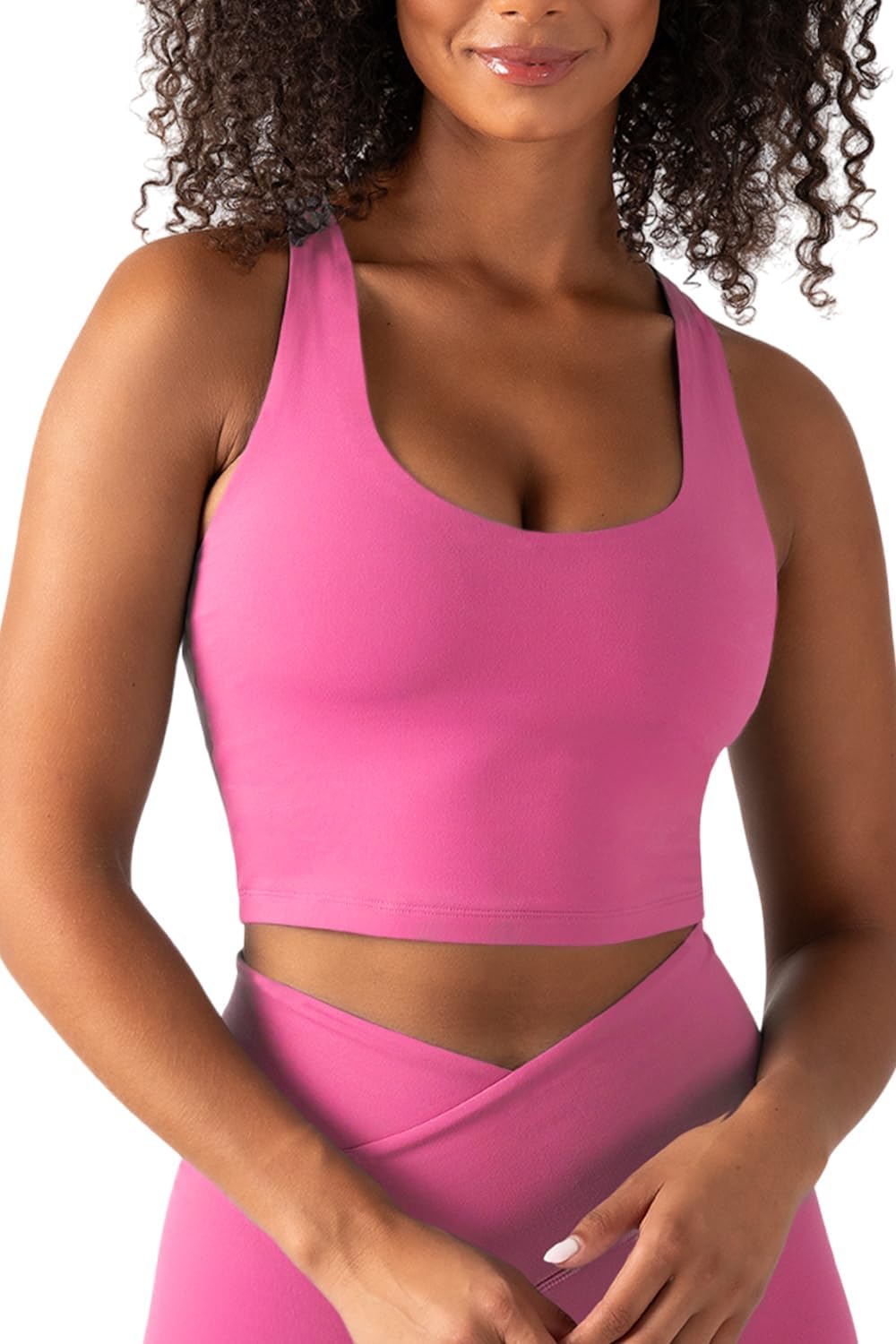 Black racerback sports bra tank with removable cups and low-impact support, front view โ view 5