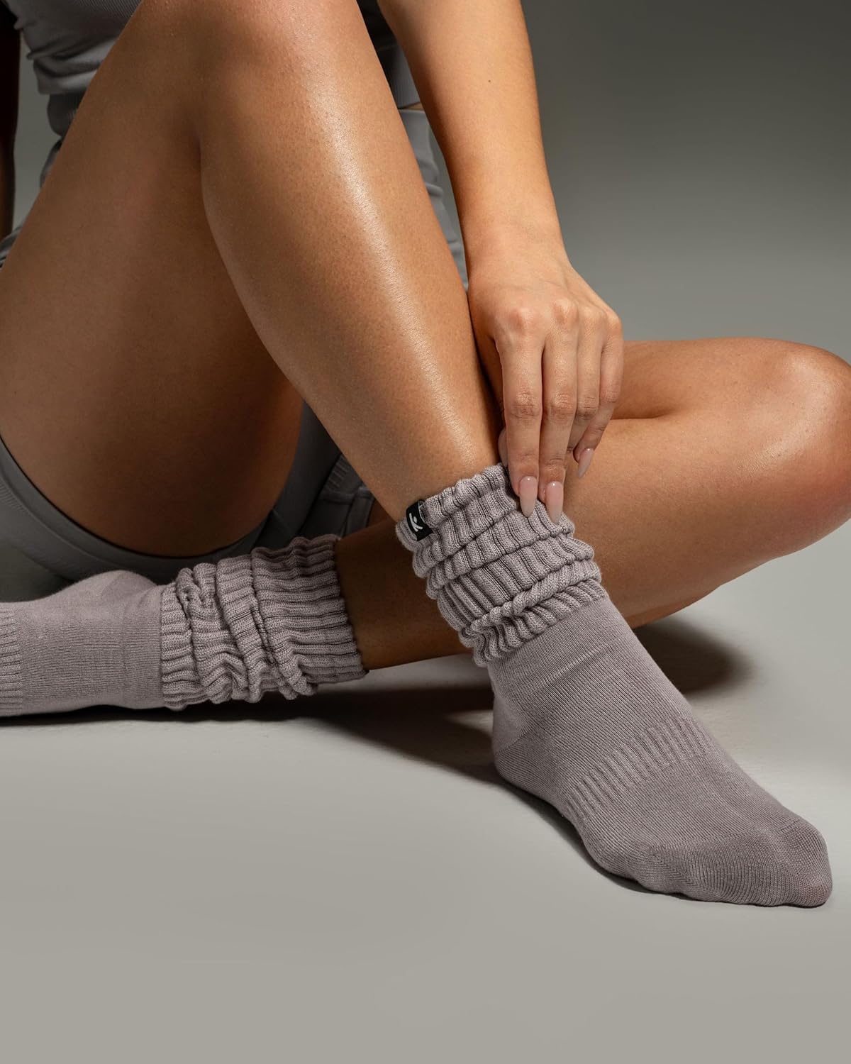 Multicolor scrunch crew socks with breathable moisture-wicking fabric, shown in relaxed fit for running and everyday wear — detail
