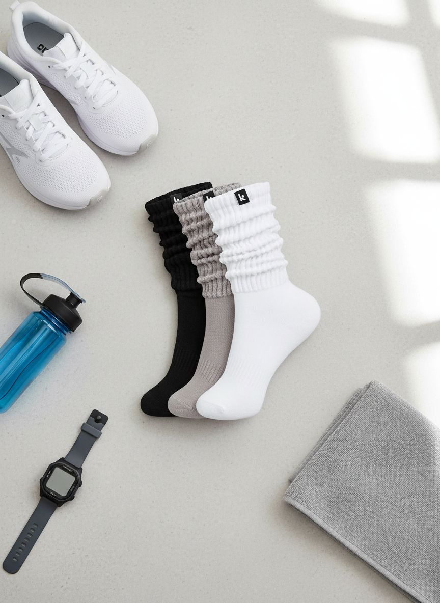 Multicolor scrunch crew socks with breathable moisture-wicking fabric, shown in relaxed fit for running and everyday wear — view 5a