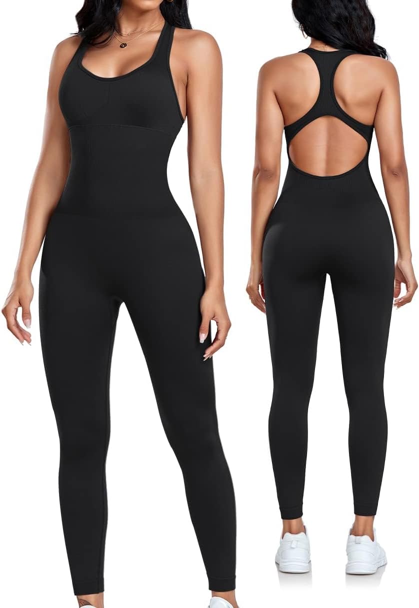 Black seamless yoga jumpsuit with padded racerback support and tummy control โ view 1