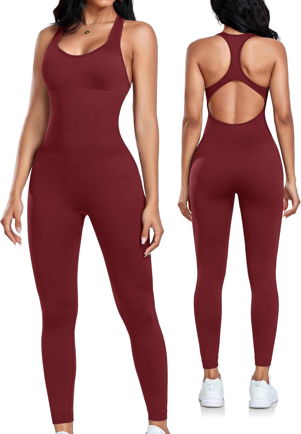 Black seamless yoga jumpsuit with padded racerback support and tummy control โ view 4