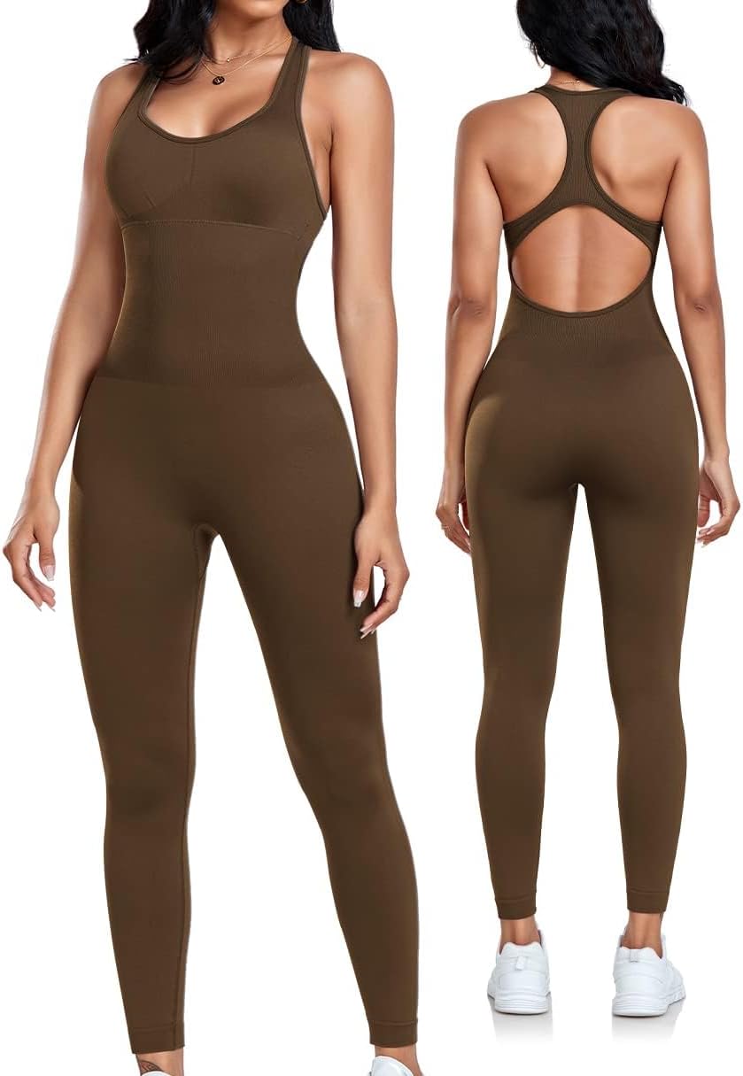 Black seamless yoga jumpsuit with padded racerback support and tummy control โ view 5